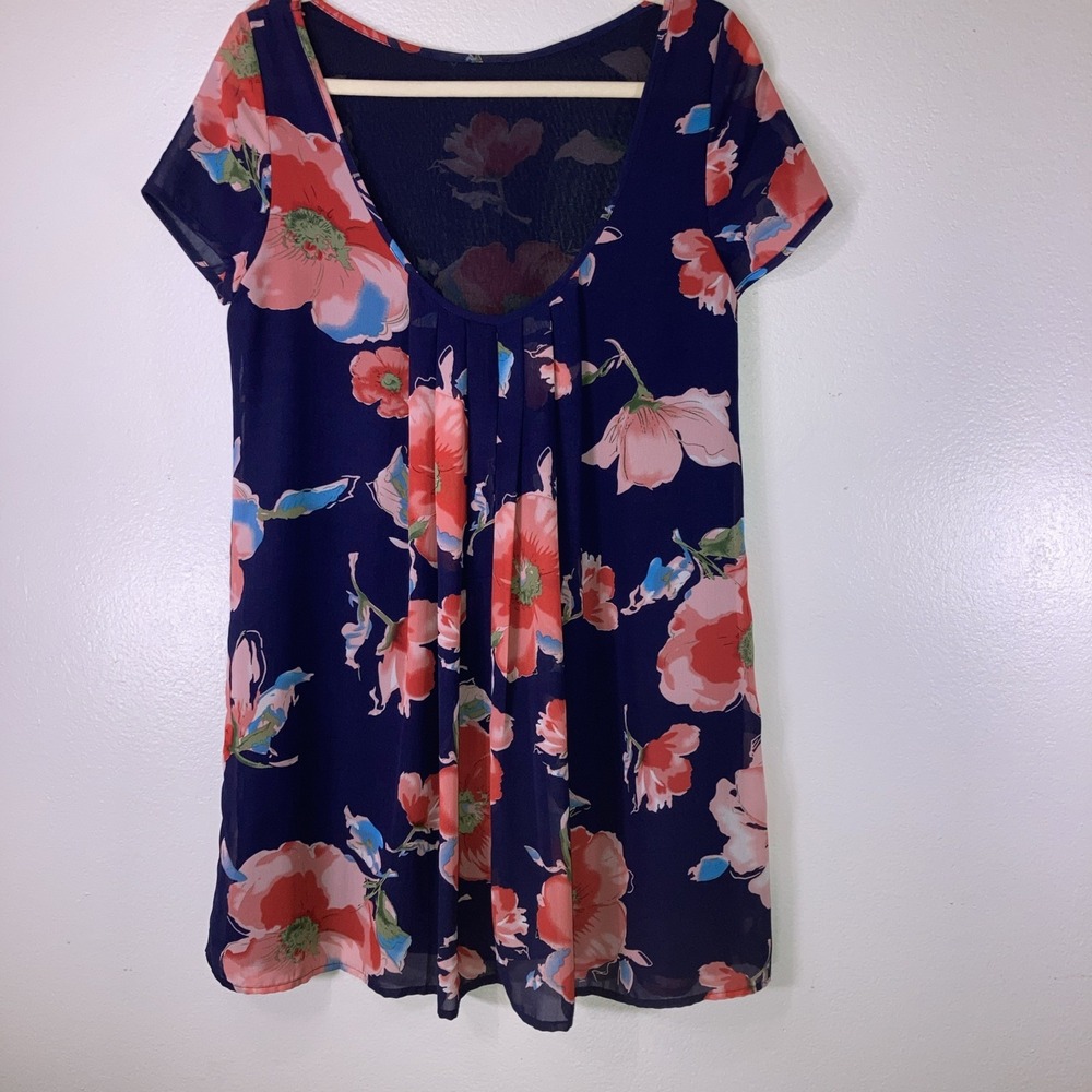 Mabel Dress M Blue Bright Floral Dress Lined Low Back Flowy - Picture 6 of 10